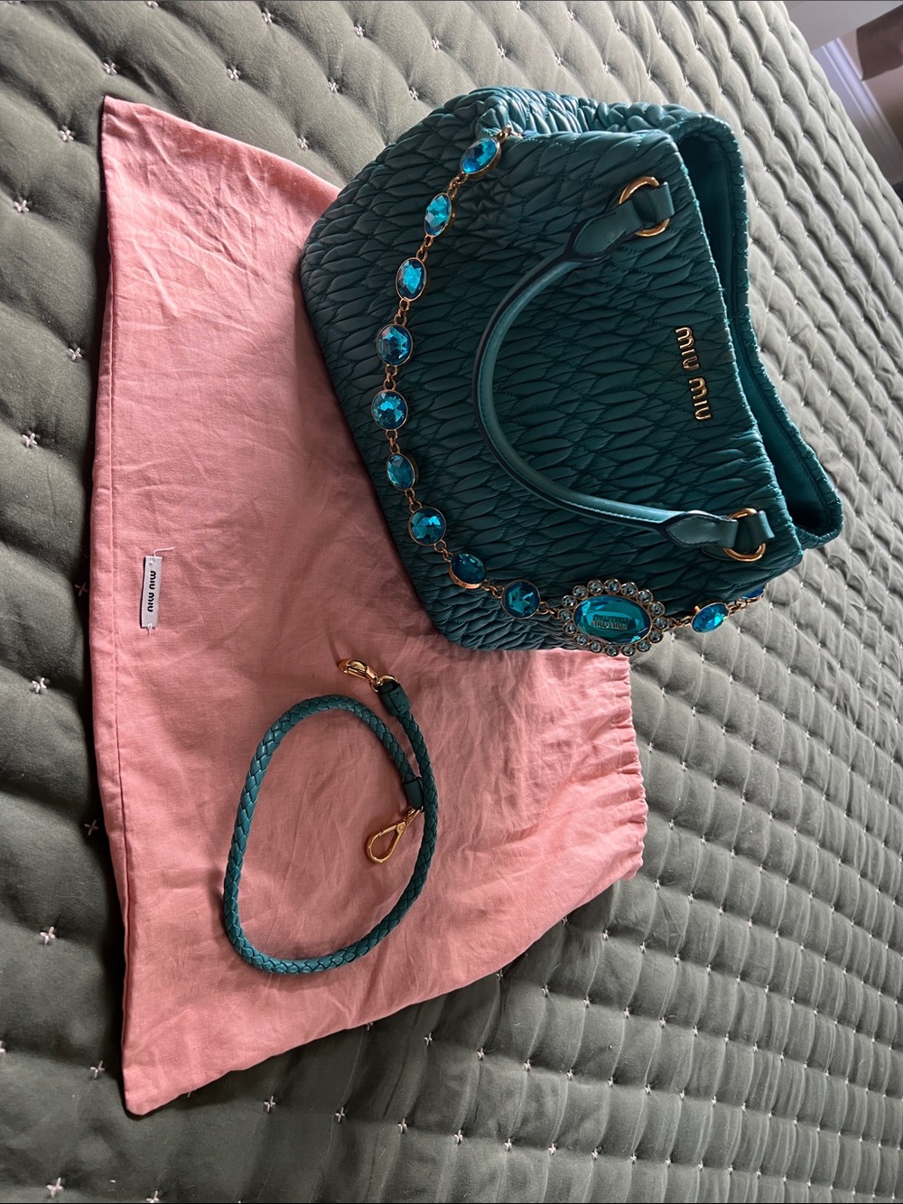 Vintage Miu Miu Teal Matelassé Shoulder Bag with Blue Crystal Chain